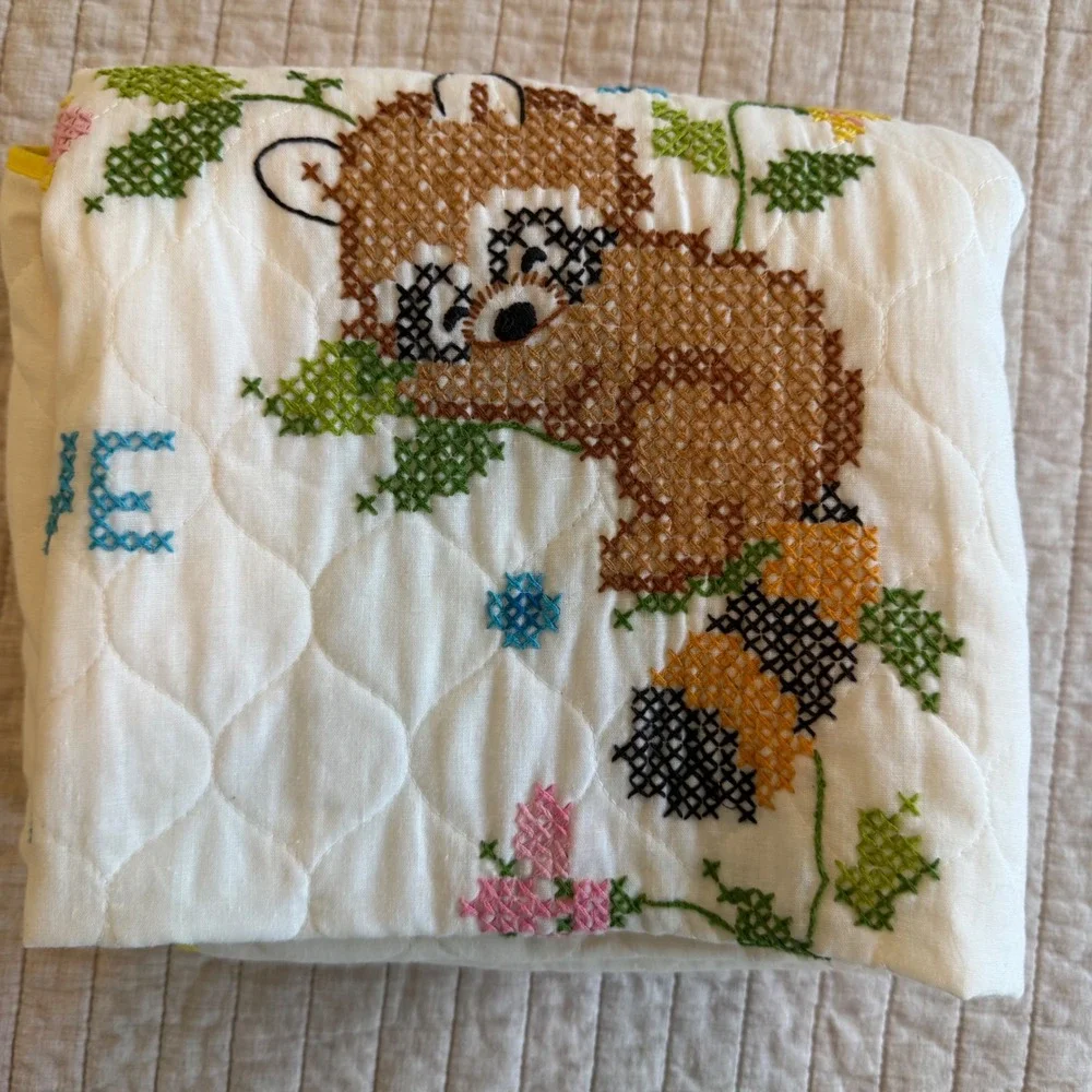 Vintage Hand Cross Stitch Baby Quilt Woodland Animals Love Is What Dreams 39x59